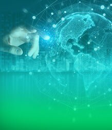 human and robot hand reaching toward technology ball