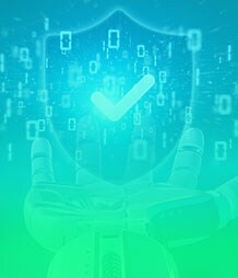 robotic hand with a security symbol floating above