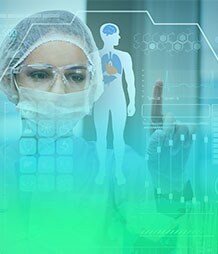 a woman in a mask and medical scrubs interacting with a projected medical ui