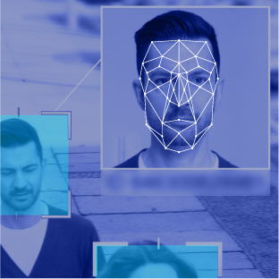 Gesicht mit elektronischer Punkt- und Linienüberlagerung