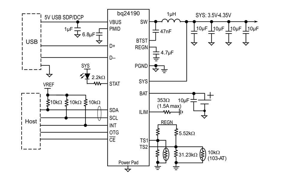 Blockdiagramm - Texas Instruments bq2419x USB / Adapter-Ladegeräte