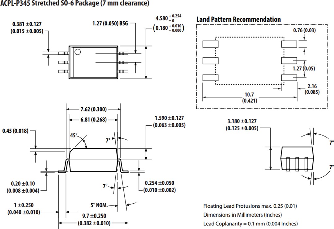Mechanical Drawing - Broadcom ACPL-x345 SiC MOSFET Gate Drive Optocouplers