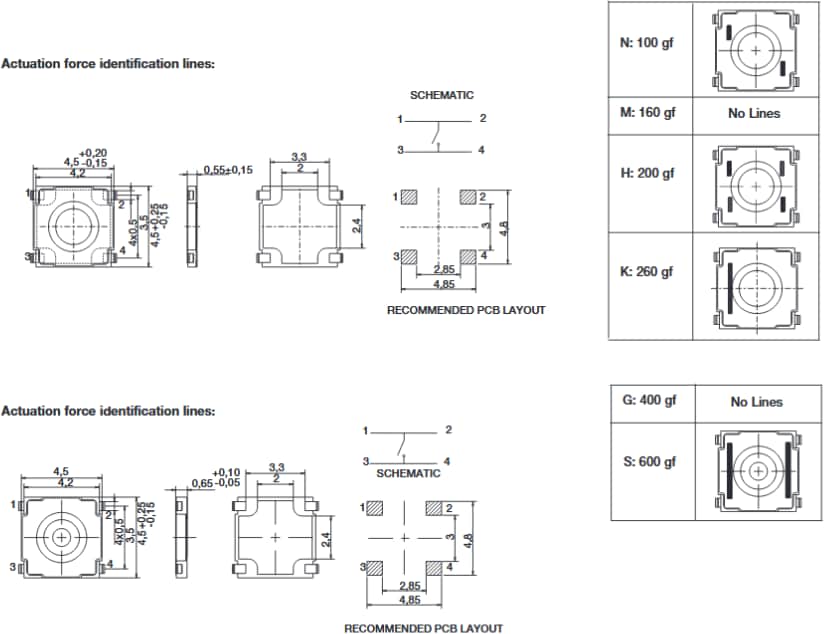 Mechanical Drawing - C&K Switches PTS530 Ultra SMT Top Actuated Tactile Switches
