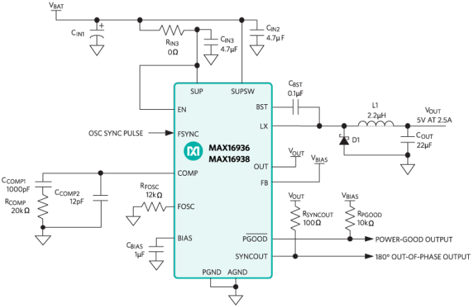 Applikations-Schaltungsdiagramm - Analog Devices / Maxim Integrated Maxim MAX16936 220kHz bis 2,2MHz Abwärtswandler