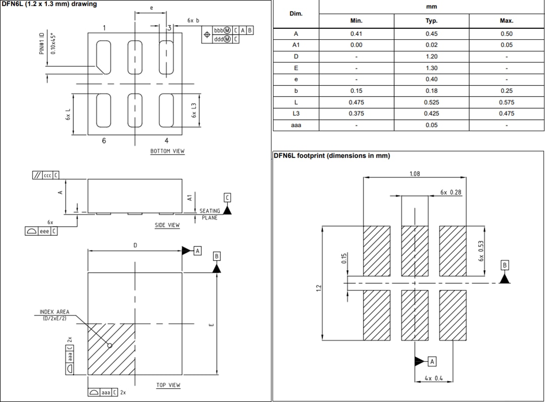Technische Zeichnung - STMicroelectronics LDK130 DFN-6L Low-Drop-Spannungsregler