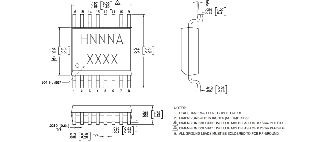 Technische Zeichnung - Analog Devices Inc. Analog Devices/Hittite HMC241AQS16E SP4T nicht reflektierender Schalter