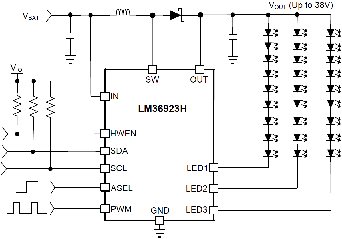 Schaltplan - Texas Instruments LM36923H Weißer Dreierketten-LED-Treiber