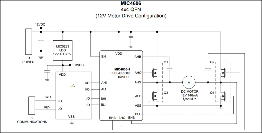 Applikations-Schaltungsdiagramm - Microchip Technology MIC4606 85V-Vollbrücken-MOSFET-Treiber