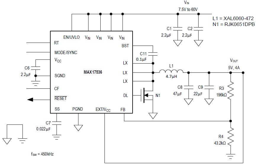 Applikations-Schaltungsdiagramm - Analog Devices / Maxim Integrated MAX17536 und MAX17546 DC-DC-Abwärtswandler