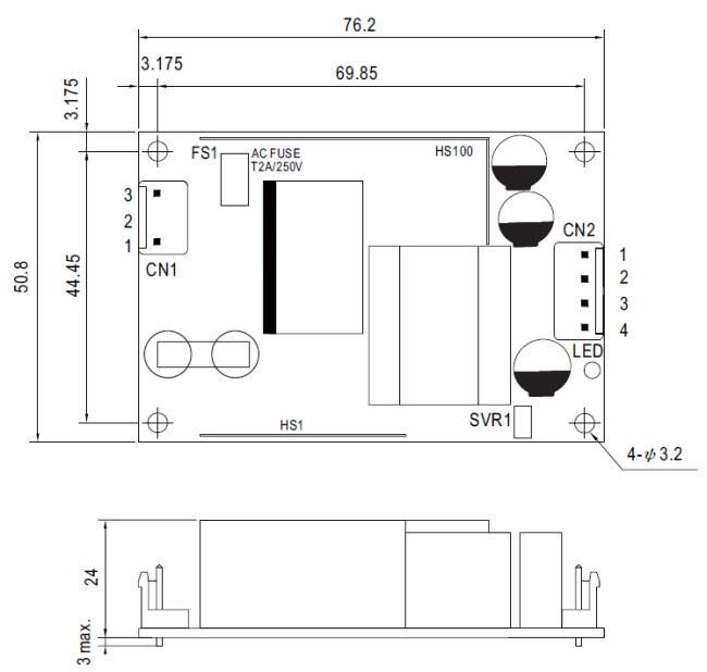 Technische Zeichnung - MEAN WELL Netzteile der EPS-45S/65S-Baureihe
