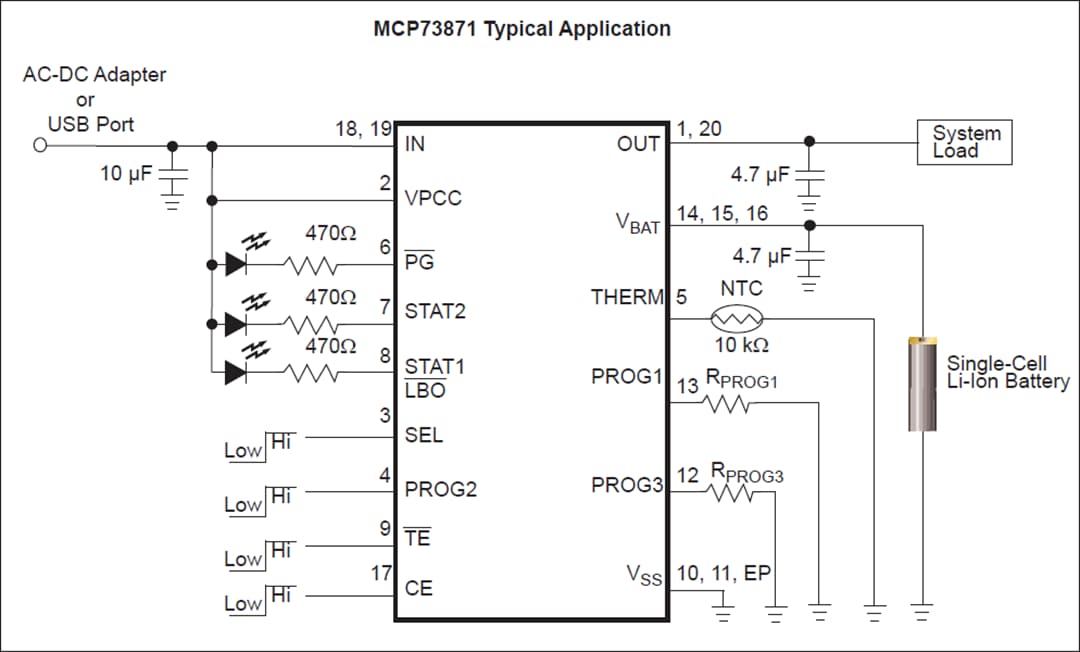 Applikations-Schaltungsdiagramm - Microchip Technology MCP73871 Batterielademanagement-Controller