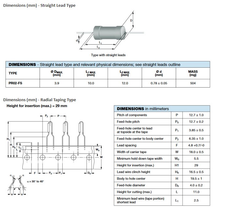 Technische Zeichnung - Vishay / BC Components PR02-FS Metallschicht-Sicherungswiderstände