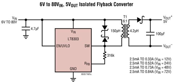Applikations-Schaltungsdiagramm - Analog Devices Inc. LT830x Micropower Isolierte Sperrwandler