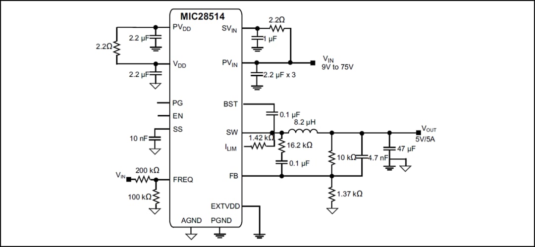 Applikations-Schaltungsdiagramm - Microchip Technology MIC28514T-E/PHA Spannungsregler