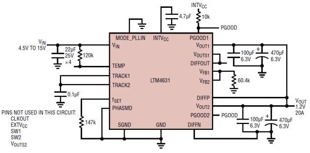 Applikations-Schaltungsdiagramm - Analog Devices Inc. LTM4631 Extrem flache μModule-DC/DC-Regler