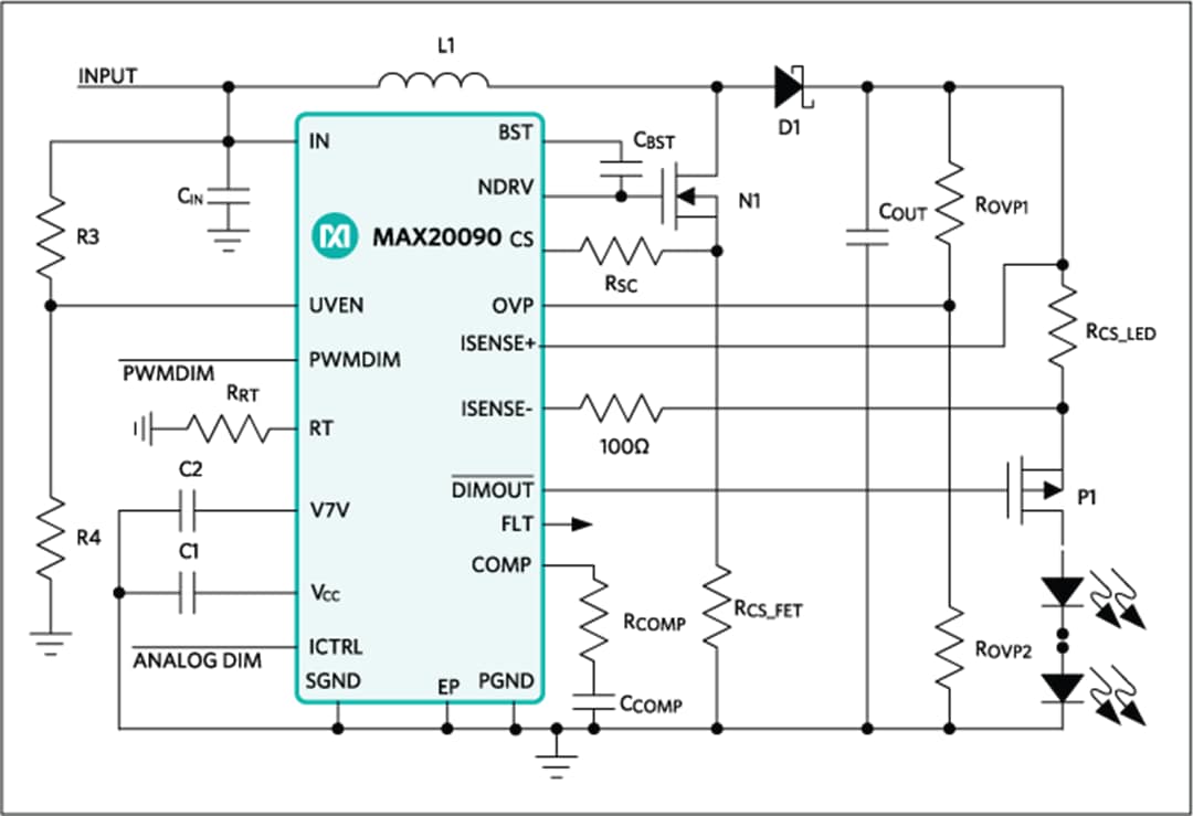 Applikations-Schaltungsdiagramm - Analog Devices / Maxim Integrated MAX20090 Hochspannungs-HB-LED-Controller