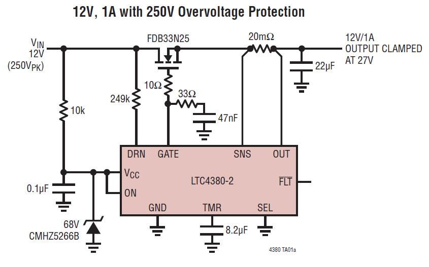 Applikations-Schaltungsdiagramm - Analog Devices Inc. LTC4380 Überspannungsbegrenzer mit geringem Ruhestrom