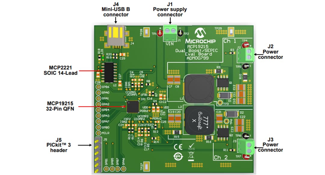 Microchip Technology MCP19215 Dual-Aufwärts-/SEPIC-Evaluierungsboard