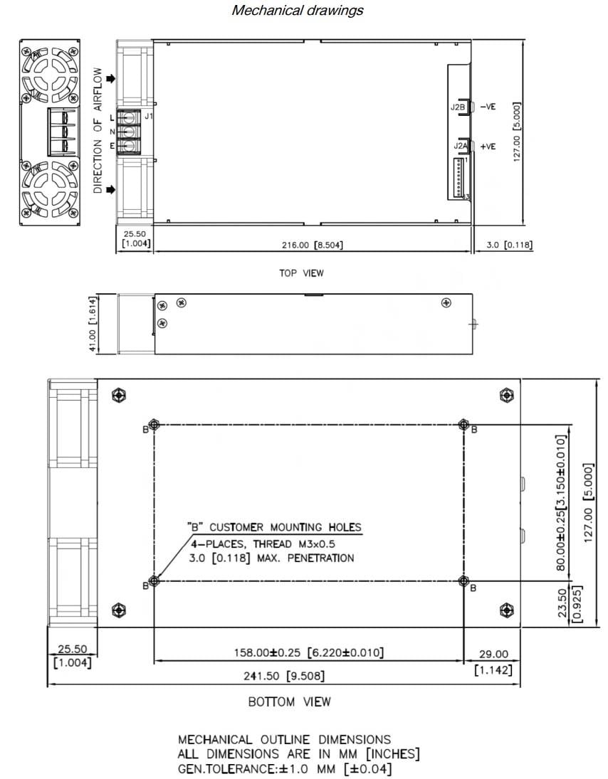 Technische Zeichnung - Bel Power Solutions MBE1000-Baureihe AC/DC-Netzteile