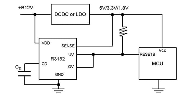 Applikations-Schaltungsdiagramm - Nisshinbo 42-V-Eingangsfenster-Spannungsprüfer der R3152N-Baureihe