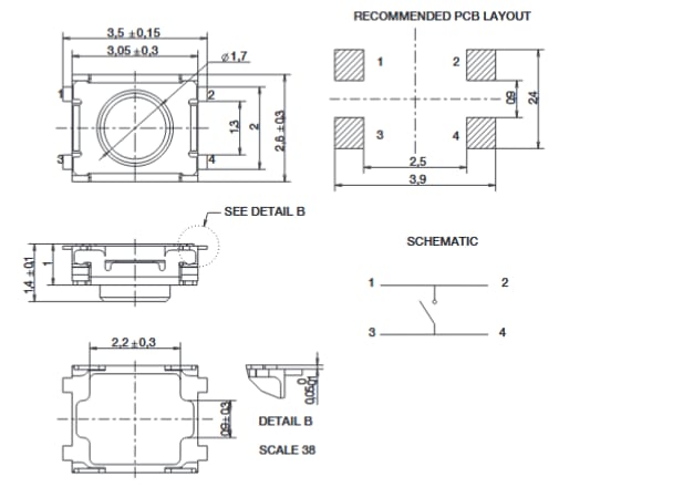 Mechanical Drawing - C&K Switches PTS 830 Top Actuated Microminiature SMT Switches