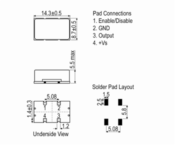 Mechanical Drawing - IQD IQXO-40x Crystal Clock Oscillators