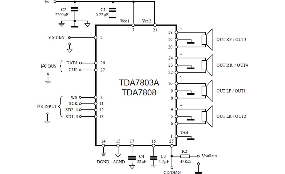 Applikations-Schaltungsdiagramm - STMicroelectronics EVAL-TDA7803A Evaluierungsboard