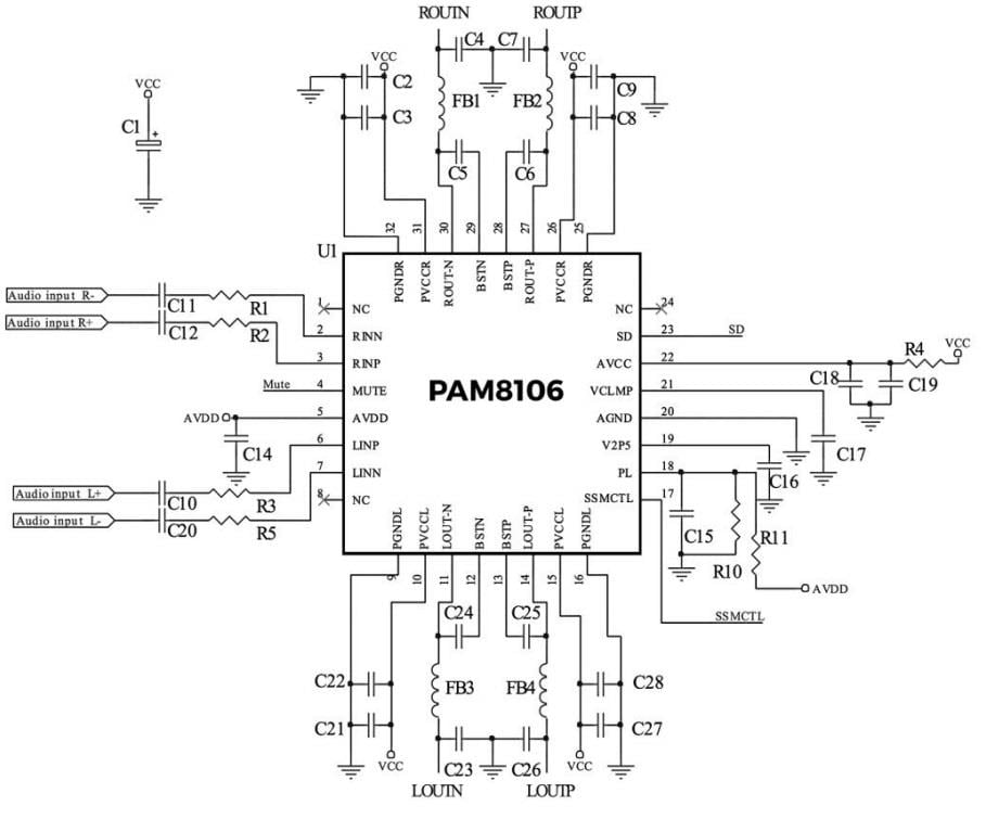 Applikations-Schaltungsdiagramm - Diodes Incorporated PAM8106 10-W-Audio-Verstärker