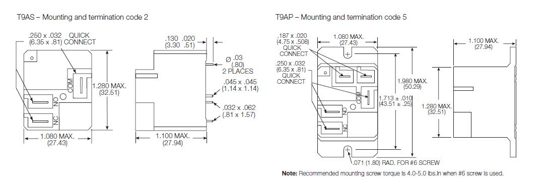 Technische Zeichnung - TE Connectivity T9A 30A-Leistungsrelais