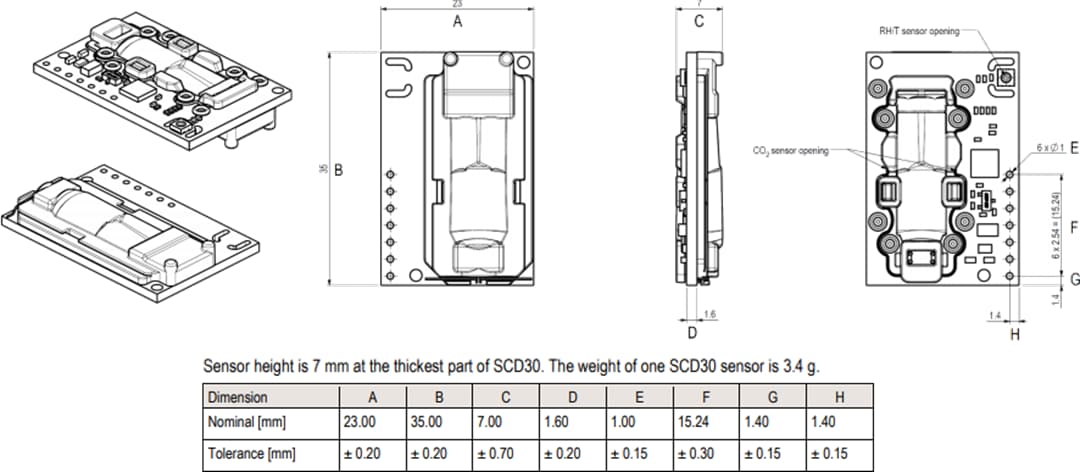 Technische Zeichnung - Sensirion SCD30 Sensormodul