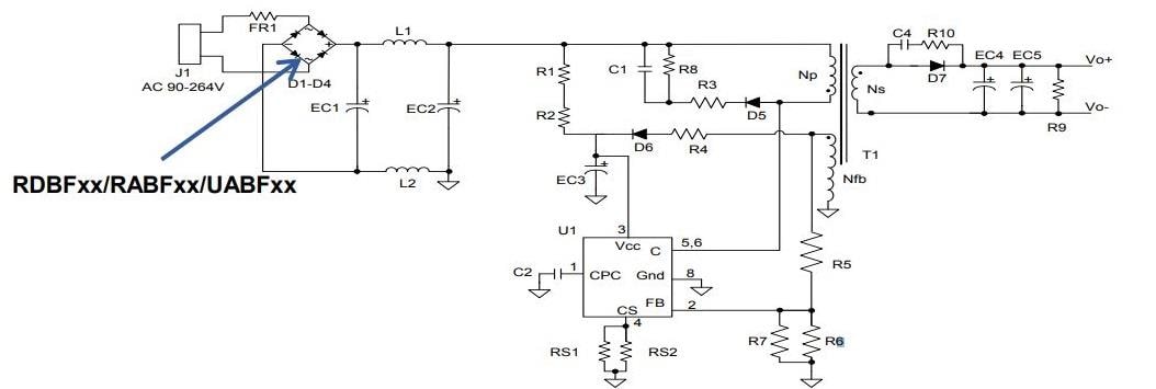 Applikations-Schaltungsdiagramm - Diodes Incorporated Miniatur-Brückengleichrichter zur Oberflächenmontage