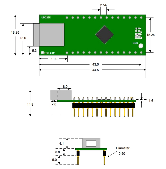 Technische Zeichnung - FTDI Chip UM232H Development-Module