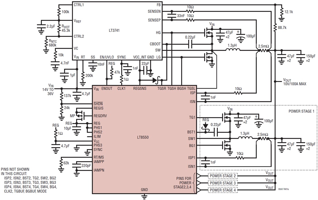 Applikations-Schaltungsdiagramm - Analog Devices Inc. LT8550 Vierphasen-DC/DC-Expander