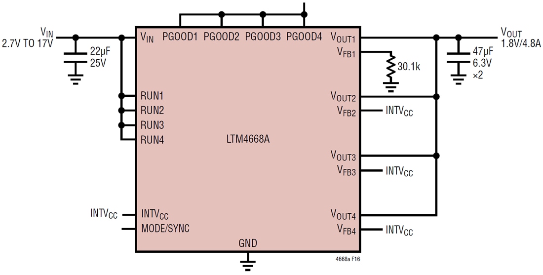 Applikations-Schaltungsdiagramm - Analog Devices Inc. LTM4668A/LTM4668 Quad-µModule®-DC/DC-Regler