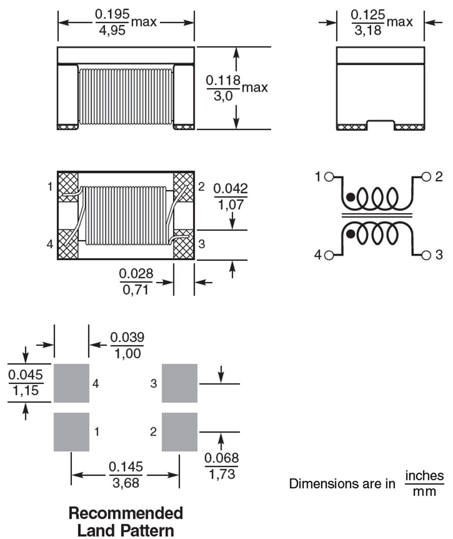 Technische Zeichnung - Coilcraft 1812CAN Gleichtakt-Drosselinduktivitäten