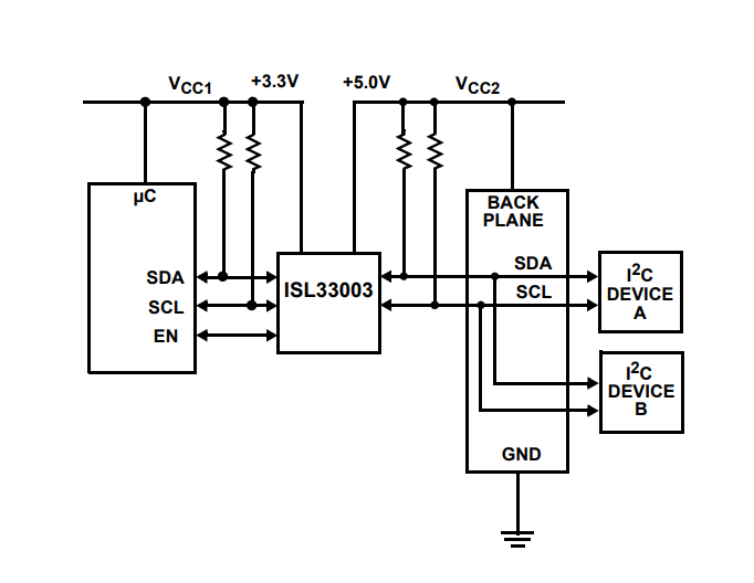 Applikations-Schaltungsdiagramm - Renesas Electronics ISL3300x I2C-Bus-Buffer