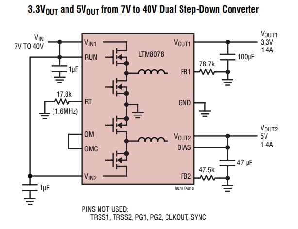Applikations-Schaltungsdiagramm - Analog Devices Inc. LTM8078 40 VIN Silent Switcher® µModule®-Regler