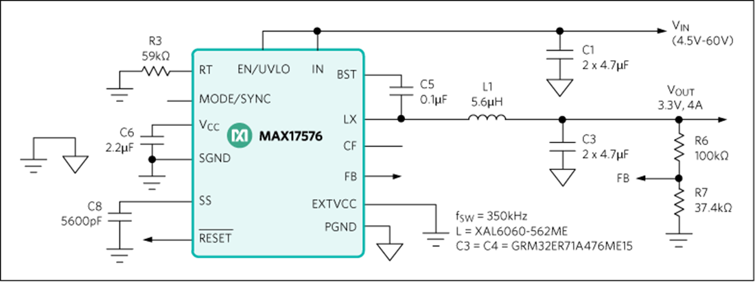 Applikations-Schaltungsdiagramm - Analog Devices / Maxim Integrated MAX17576 Synchroner DC/DC-Abwärtswandler