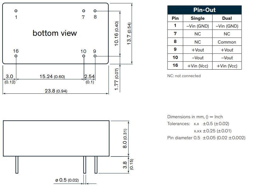 Technische Zeichnung - TRACO Power Kompakte 10-W-DC/DC-Wandler der Baureihe TEL 10