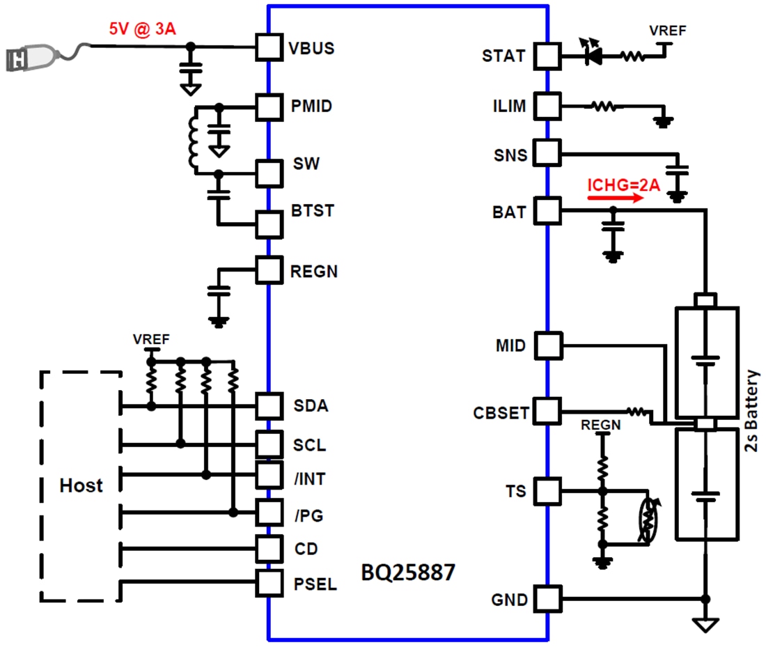 Schaltplan - Texas Instruments bq25887 I2C-gesteuertes Ladegerät mit Boost-Modus