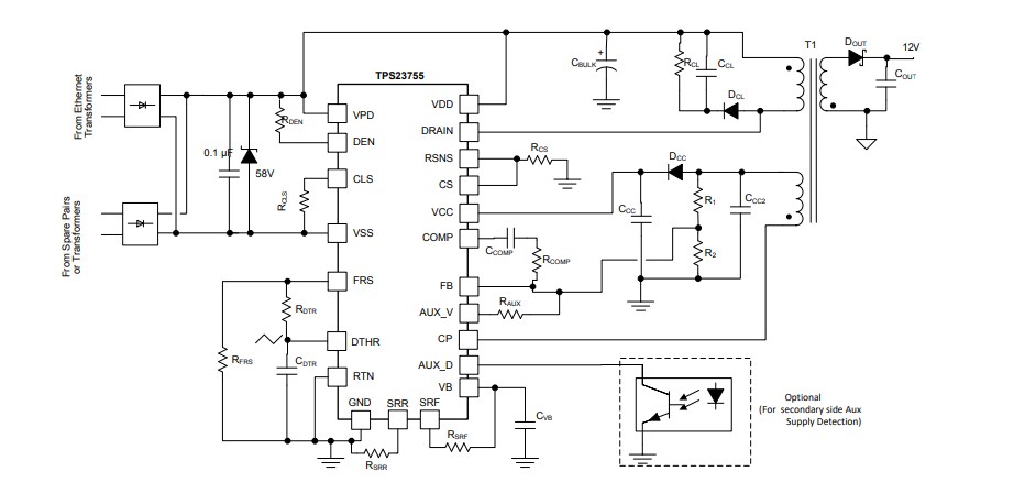 Applikations-Schaltungsdiagramm - Texas Instruments TPS23755 PoE-DC/DC-Controller