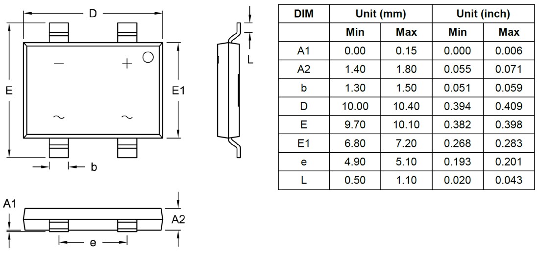 Mechanical Drawing - Taiwan Semiconductor TBS60x 6A Bridge Rectifiers