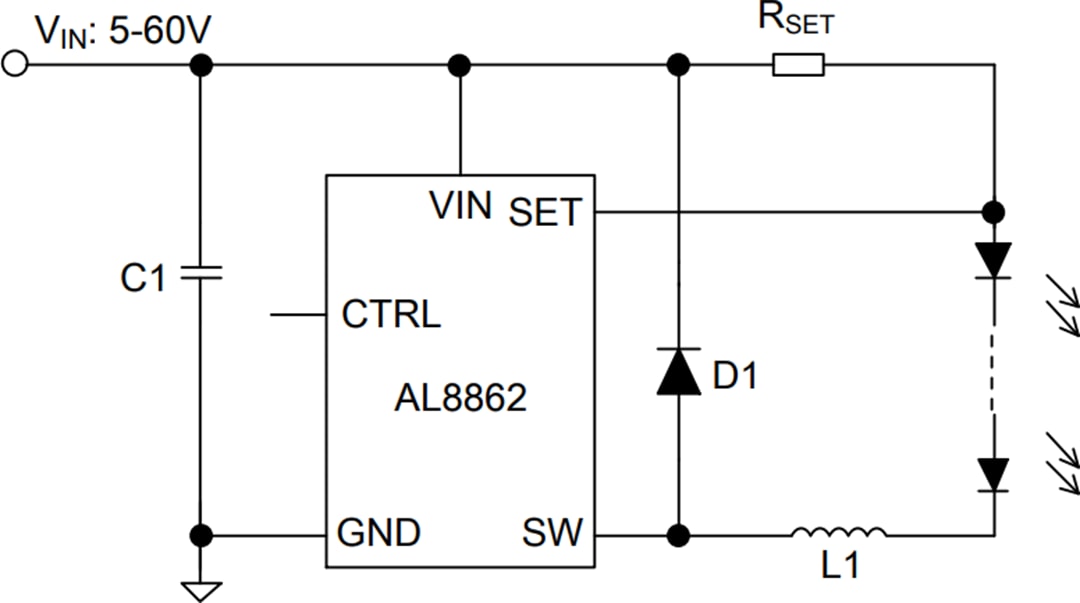 Applikations-Schaltungsdiagramm - Diodes Incorporated AL8862 LED-Abwärtstreiber