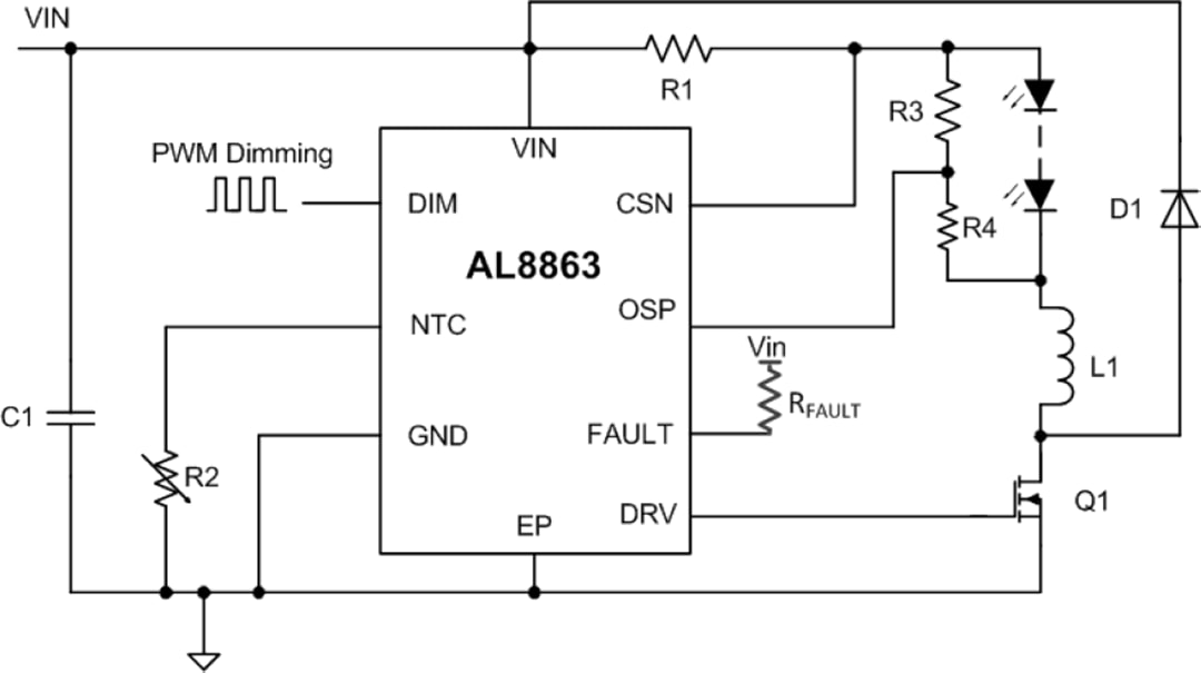 Applikations-Schaltungsdiagramm - Diodes Incorporated AL8863 LED-Abwärtstreiber-Controller