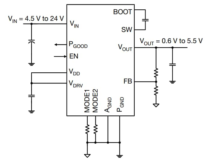 Applikations-Schaltungsdiagramm - Vishay microBRICK®-DC/DC-Reglermodule