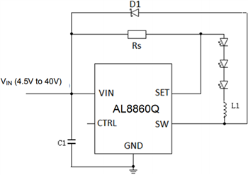 Applikations-Schaltungsdiagramm - Diodes Incorporated AL8860Q und AL8861Q Automobilstandard-LED-Treiber