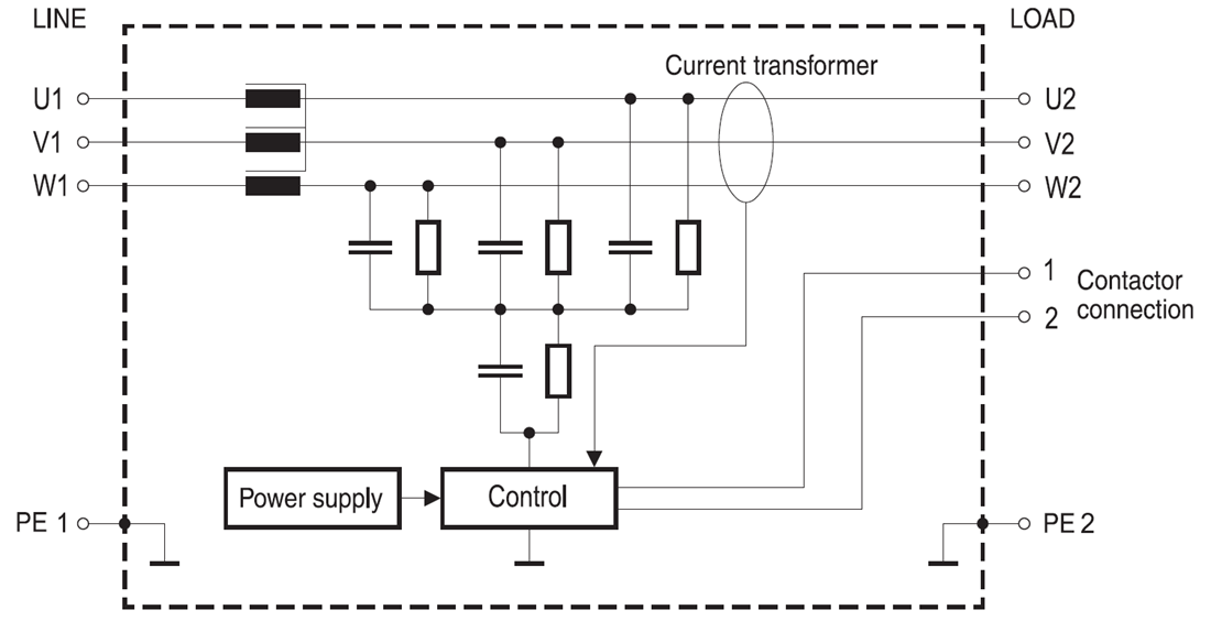 Applikations-Schaltungsdiagramm - EPCOS / TDK LeaXield™ Aktive Ableitstromfilter mit drei Leitungen