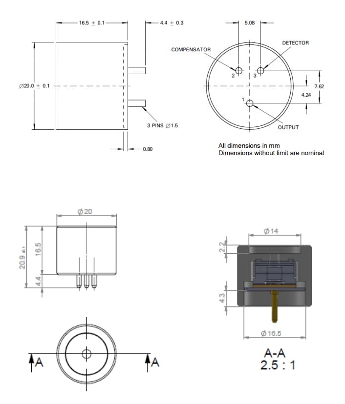 Technische Zeichnung - Amphenol SGX Sensortech VQ548MP2-DA Katalytischer Sensor für brennbare Gase