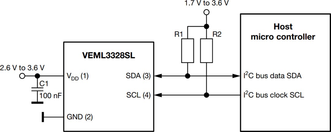 Applikations-Schaltungsdiagramm - Vishay VEML3328 und VEML3328SL RGBCIR-Farbsensoren