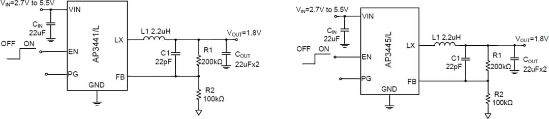 Applikations-Schaltungsdiagramm - Diodes Incorporated AP3441/L und AP3445/L DC/DC-Abwärtswandler
